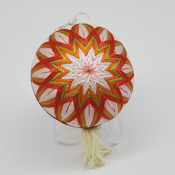 Handmade Japanese Temari Embroidered Ball With Geometric Orange Blue - Picture 3 of 6